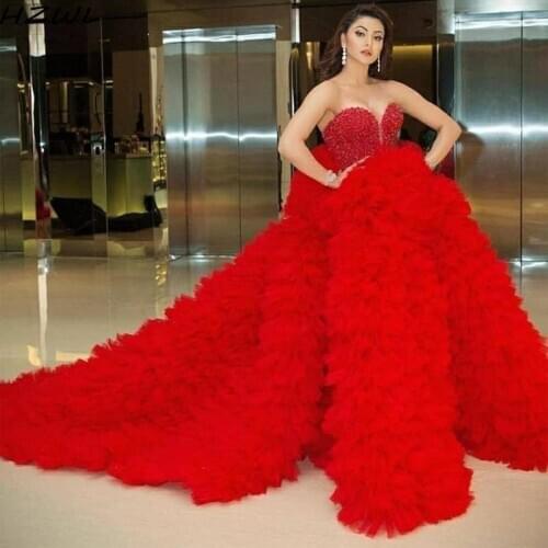 Gorgeous Red Tier Prom Dresses With Beaded Sequined Ruffles Skirt vestidos Red Carpet Runaway Gowns Beading Evening Dresses