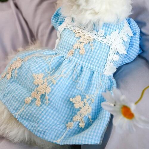Pet Skirt Lace Floral Button Design Blue Puppy Plaid Skirt for Spring Summer одежда для собак