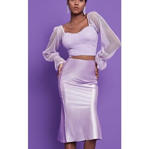 2021 Summer New Women Fashion Satin Light Purple Mid Long A-line Skirt Office Ladies Elegant Bodycon Slim Casual Skirts