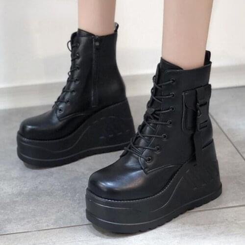 2021 new Wedge Women Boots Ankle Autumn Winter Black Shoes Woman Pu Chunky Sole Gothic Platform Boots Plus Size 43 WBS4122