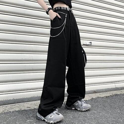 Women Black Wide Leg Pants With Chain High Waist Long Trousers Outfits Harajuku e-girl Street Wear