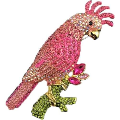 Womens Golden Tone Pink Rhinestones Tropical Animal Cockatoo Bird Parrot Brooch Pin