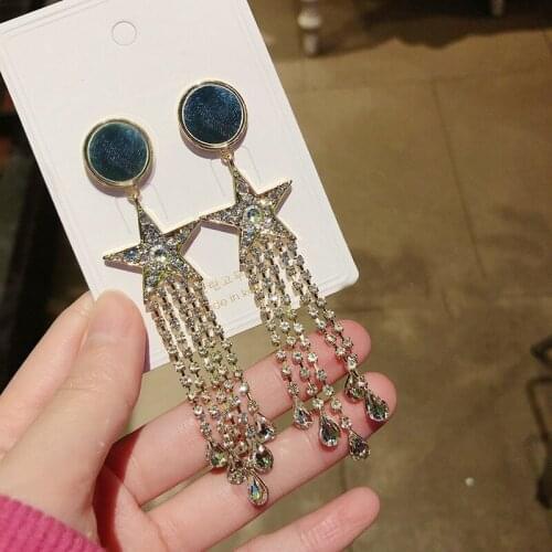 MENGJIQIAO Korean New Full Rhinestone Star Tassel Long Drop Earrings For Women Luxury Fashion Oorbellen Jewelry Accessories Gift