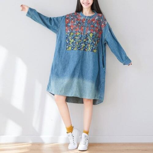 Baggy jean Dress Women Loose Oversize cowboy Dress embroidery Printed Japanese Harajuku Plus Size Denim Long Sleeve Dress