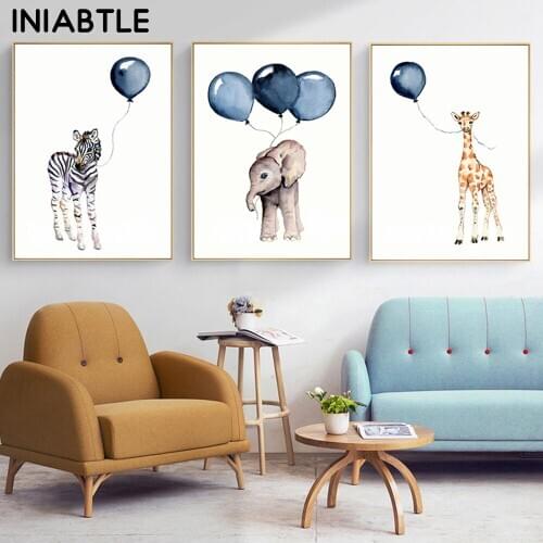 Watercolor Elephant Giraffe Ballon Cartoon Animal Print Wall Art Nursery Poster Canvas Painting Baby Kid Room Decoration Picture