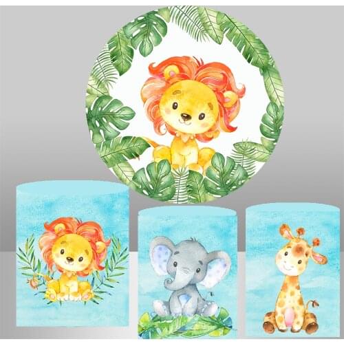 Watercolor Lion Jungle Animal Round Backdrop Elastic Polyester Circle Background Cylinder Cover Table Banner Party Decoration872
