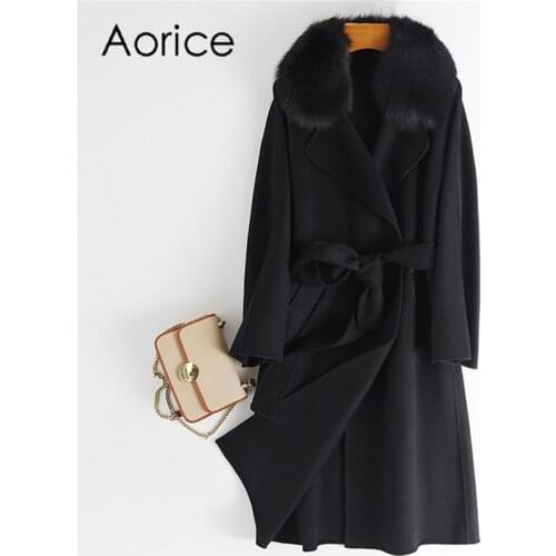 Aorice Women Winter Wool Blends Coat Jacket With Real Fox Fur Collar Overcoats Jackets Trench Z20175