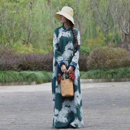 Free Shipping 2019 New Fashion Cotton Linen Fleece Warm Long Maxi Dress With Pockets Long-sleeve Loose Flower Chinese Style