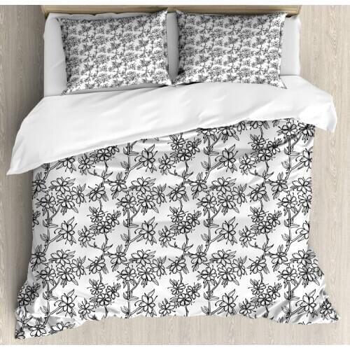 Floral Vintage Duvet Cover Set Monochrome Illustration of Branches with Flowers and Leaves 3 Piece Bedding Set Charcoal Grey