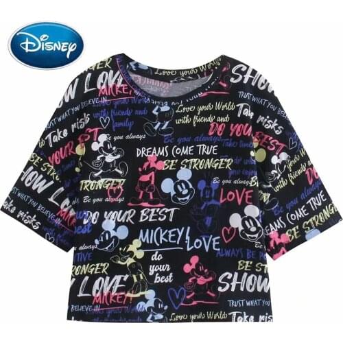 Disney T-Shirt Fashion Mickey Mouse Letter Cartoon Print Short Sleeve Women Casual O-Neck Pullover Casual Loose Tee Tops Female
