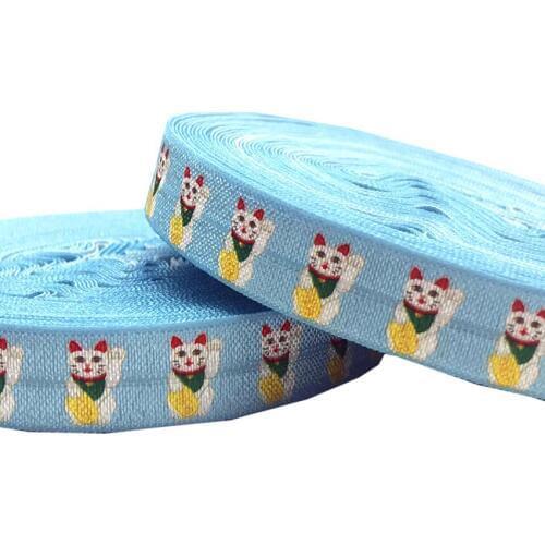 Cartoon Lucky Wealth Cats Print Fold Over Elastic FOE Webbing DIY Home Decoration gift packing Sewing accessoies 15mm 10Yard