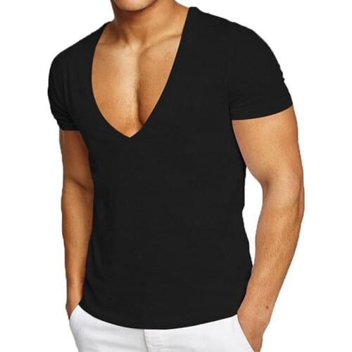 European And American Plus Size Mens Fitness Sports Running Short-Sleeved 100 Cotton Deep V-neck T-shirt Summer Hot Sale