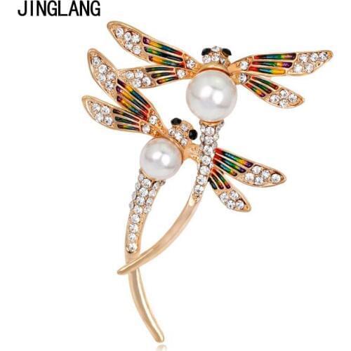 JINGLANG Gold Color Metal Animal Brooches Pins Rhinestone Double Dragonfly Brooches For Women Wedding Clothes Decoration Jewelry