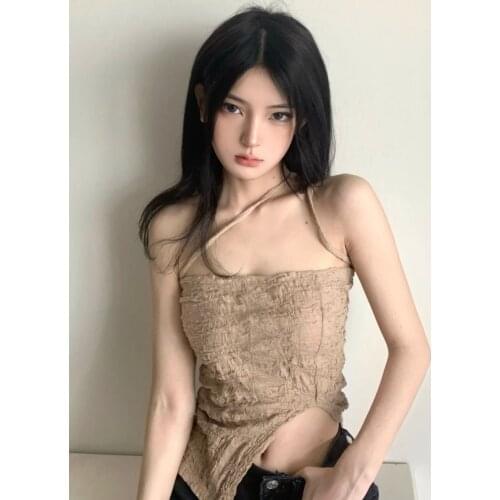 In stock*) 2021 summer gray irregular folds casual inner strap t-shirt top