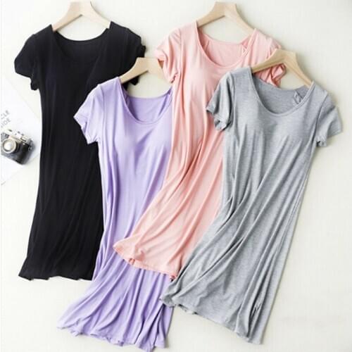 Modal female nightdress summer short-sleeved cotton sleepwear chest padded loose nightgown women casual home night dress M-2XL