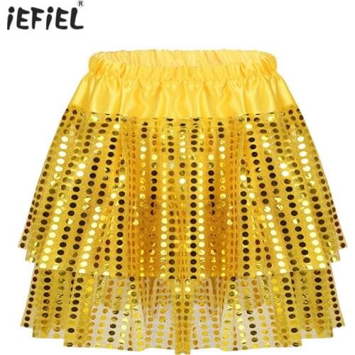 Fashion Kids Girls Sequined Sparkly Skirt Dance Skirts Elastic Waistband Tiered Tutu Skirt Latin Jazz Dancing Stage Performance