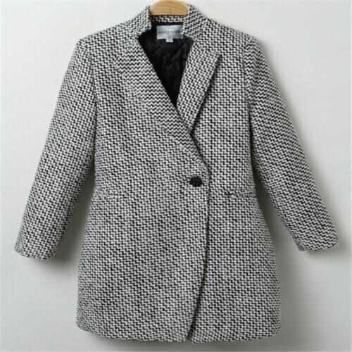 Autumn Winter Women Coat Single Button Pocket Oversize Long Trench Coat Houndstooth Wool Blend Coat Outerwear Female Wool Coat