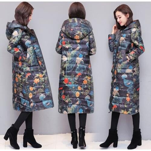 Winter Fall Fashion Womens Warm Printed Floral Pattern Padded Warm Parka Coat , Autumn Hooed Parkas and Coats for Women