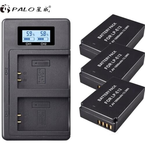PALO 3pcs LPE12 LP E12 camera battery 7.4V for canon EOS M M10 M50 M100 M100D rebel SL1 Kiss X7 + LP-E12 LCD USB dual charger