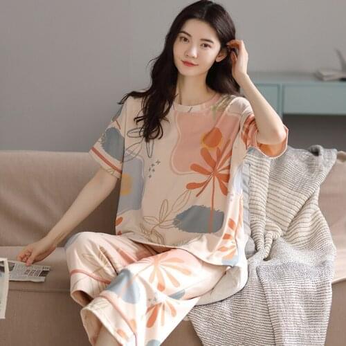 Pajama Womens 2021 New Summer Thin Cotton Short Sleeve Loose Capris Casual Home Suit Female Sleepwear Lady Nightwear Sleep Tops