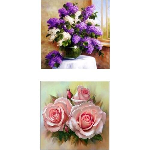 Full 5D Diy Diamond Painting Cross Stitch "Purple Flower" & Round Drill 5D Diy Diamond Painting "Pink Rose"