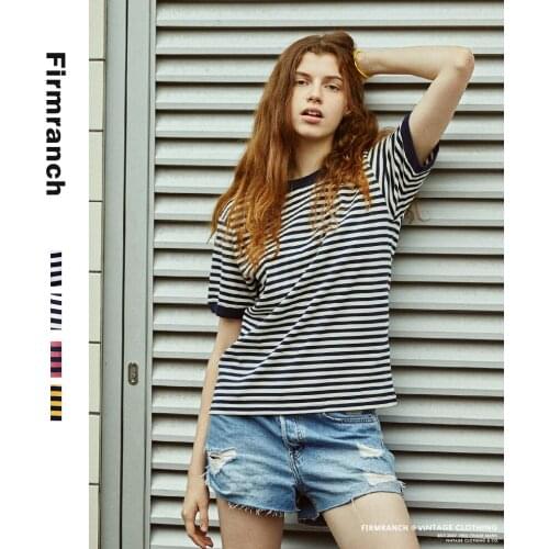 Firmranch 2021 Vintage Moto Stripe Ringer T-shirts For Men/Women Tee Short Cotton Classic Summer Retro Loose T-shirt Large