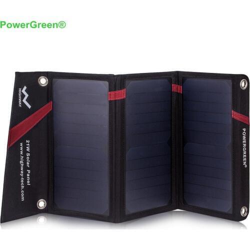 PowerGreen External Battery Pack 21W Foldable Solar Panel Charger 5V Fast Charging Phone Charger with Dual Outputs