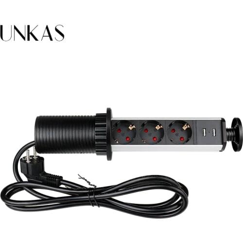 UNKAS 16A PULL POP UP 3 Power EU Socket Black Silver Port Kitchen Table Desktop Sockets Retractable Countertops French Plug