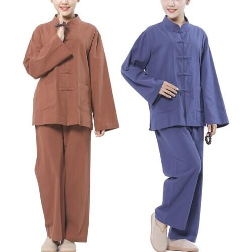 High quality cotton&linen 8color red/blue/coffee Tang Zen suit Buddha buddhism uniforms kung fu tai chi lay people clothing