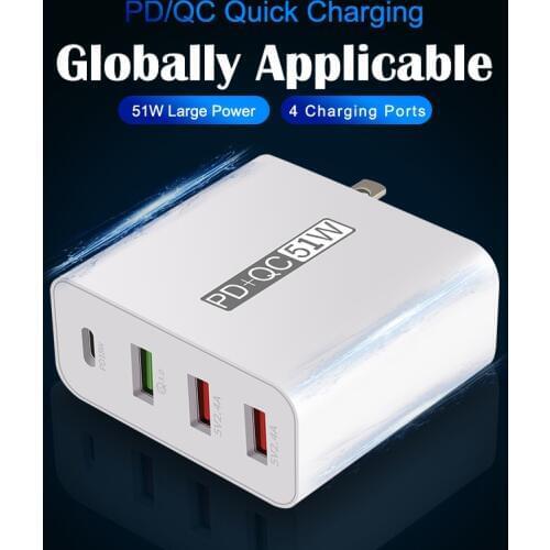 51W Multi Charger 18W PD Fast Charging For iPhone Samsung Dual USB Charger 4 Ports 18W QC3.0 Quick Charge USB Power Adapter