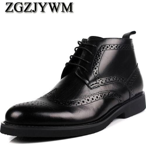 ZGZJYWM Winter Wool Carved High Genuine Leather Mens Warm Cotton-Padded Snow Bullock Patterns Oxford Dress For Men Boots