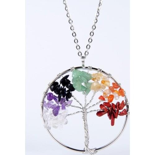 Womens Rainbow Chakra Tree Of Life Pendant Necklace Multicolor Copper Crystal Natural Stone Necklaces Jewelry Christmas Gift