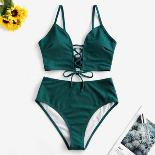 Women Sexy Bikinis Mujer Swinwear 2021 Set High Waist Lace-up Tankini Swimsuit Summer Two Piece Beachwear Maillot de Bain Femme