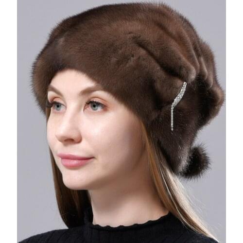 Fur Hats Women Winter Stylish Warm Natural Mink Fur Luxury Caps Windproof anti cold Snow Ball Diamond Hat