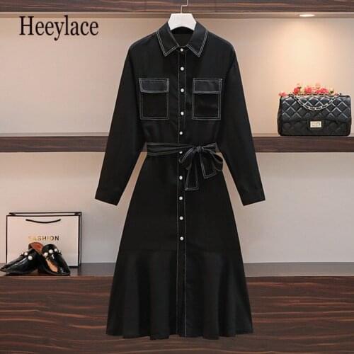 Plus Size 4XL Women Bright line White Patchwork Black Shirt Dress Autumn Fall Long Sleeve Single-breasted Mermaid Split Dresses