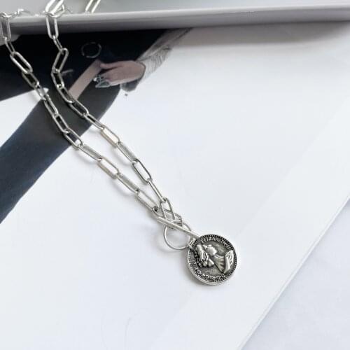 925 Sterling Silver Fashion Retro Coin Round Human Head Pendant Necklace Female Unique Sweater Chain Jewelry