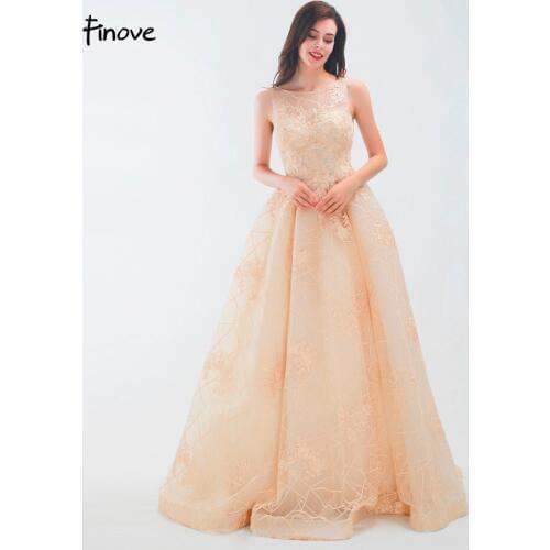 Finove Prom Dress 2020 Elegant O Neck Ruched Backless Champgne Appliques Embroidery Formal Party Woman Dress vestido de fiesta