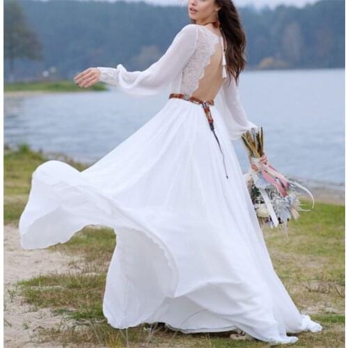 Sweep Train Boat Neck Long Sleeve Bridal Gown A-Line Wedding Dress Lace Slit Backless Romantic vestidos de mairee Wedding Dress