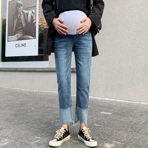 8908# Maternity pants Spring Autumn Personality Maternity Jeans Belly Support Pants Elastic Waist Maternity Trousers
