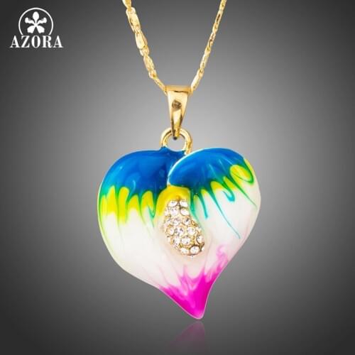 AZORA Fashion Wedding Heart Shiny Austrian Crystal Pendant Necklace for Women Love Gift Gold Color Oil Painting Jewelry TN0208