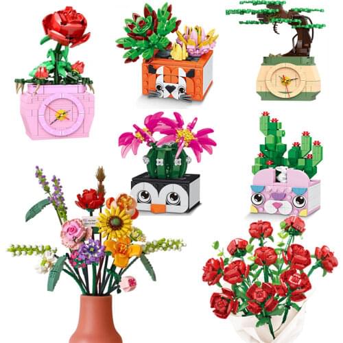 Bouquet DIY Building Blocks Romantic Rose Flower Bonsai Cactus Flower Plant 3D Model Bricks Childrens Educational Toy Girl Gift