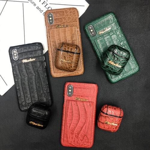 Crocodile Leather Card Pocket Holder Stand Case For iPhone 11 Pro 6s 6 7 8Plus X XS Max XR Case For Airpods Pro Headphones Cover