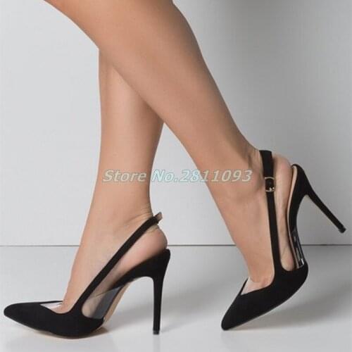 Black Clear Heels Slingback Pumps Pointy Toe Stiletto Heels for Women Suede Slip On Dress Women Shoes Patchwork Party Shoes