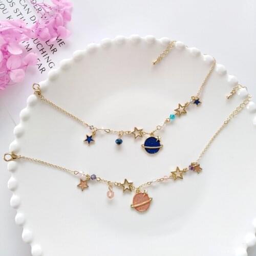 Children Sweet Dreamy Planet Five-Pointed Stars Charm Bracelet Cute Starry Sky Blue Pink Planet Crystal Bracelets for Kids Girls