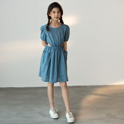 2021 Kids Dresses for Girls Summer Teenage Girl Dress Elegant Short Sleeve Blue Dot Print Princess Costume Children Clothing