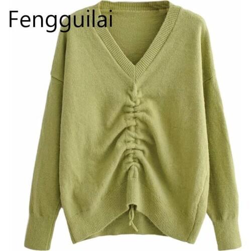 FENGGUILAI Fashion Female V-Neck Pullovers Casual Knitwear Jumpers Girls Outwear Stylish Chic Women Ruched Drawstring Sweater
