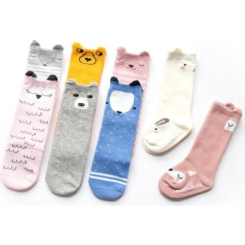 Cartoon animal knee high socks for babies non-slip cotton girls baby sock rubber sole child knee long socks for baby 0-4 years