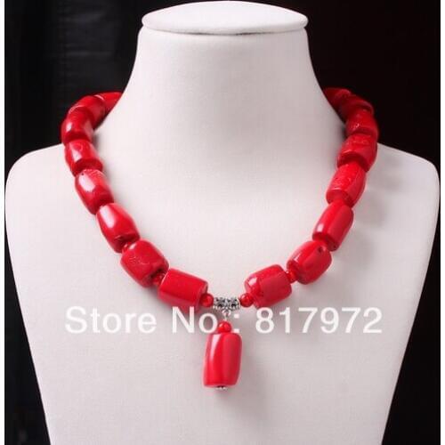 Hot Fashion Red Coral Cylinder Bead Dangle Pendant Necklace Woman Party Gift &6N0051