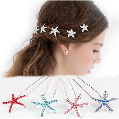 Katesolo 6Pcs U-type Starfish Hair Pins & Clips Multicolor Crystal Bridal Girl Hair Ornaments Comb Wedding Accessories Wholesale