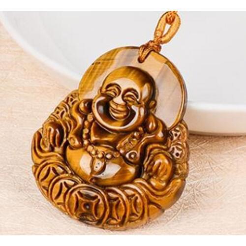 Chinese Natural Tiger-Eye Stone Laughing Buddha Pendant Necklace Jewellery Hand-Carved Relax Healing Women Man Gift Free Rope
